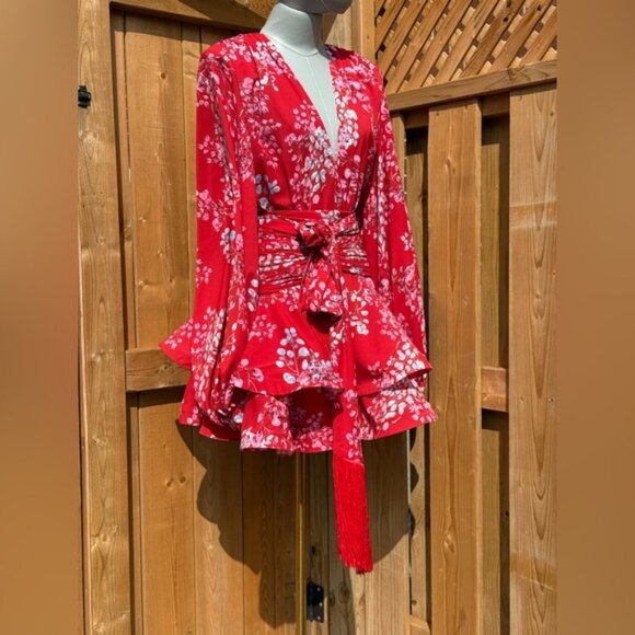 🆕 BRONX & BANCO 🧿 NWOT Bedouin Red Floral Ruffle Tiered Mini Dress, Sz XS US 2 - Picture 10 of 16